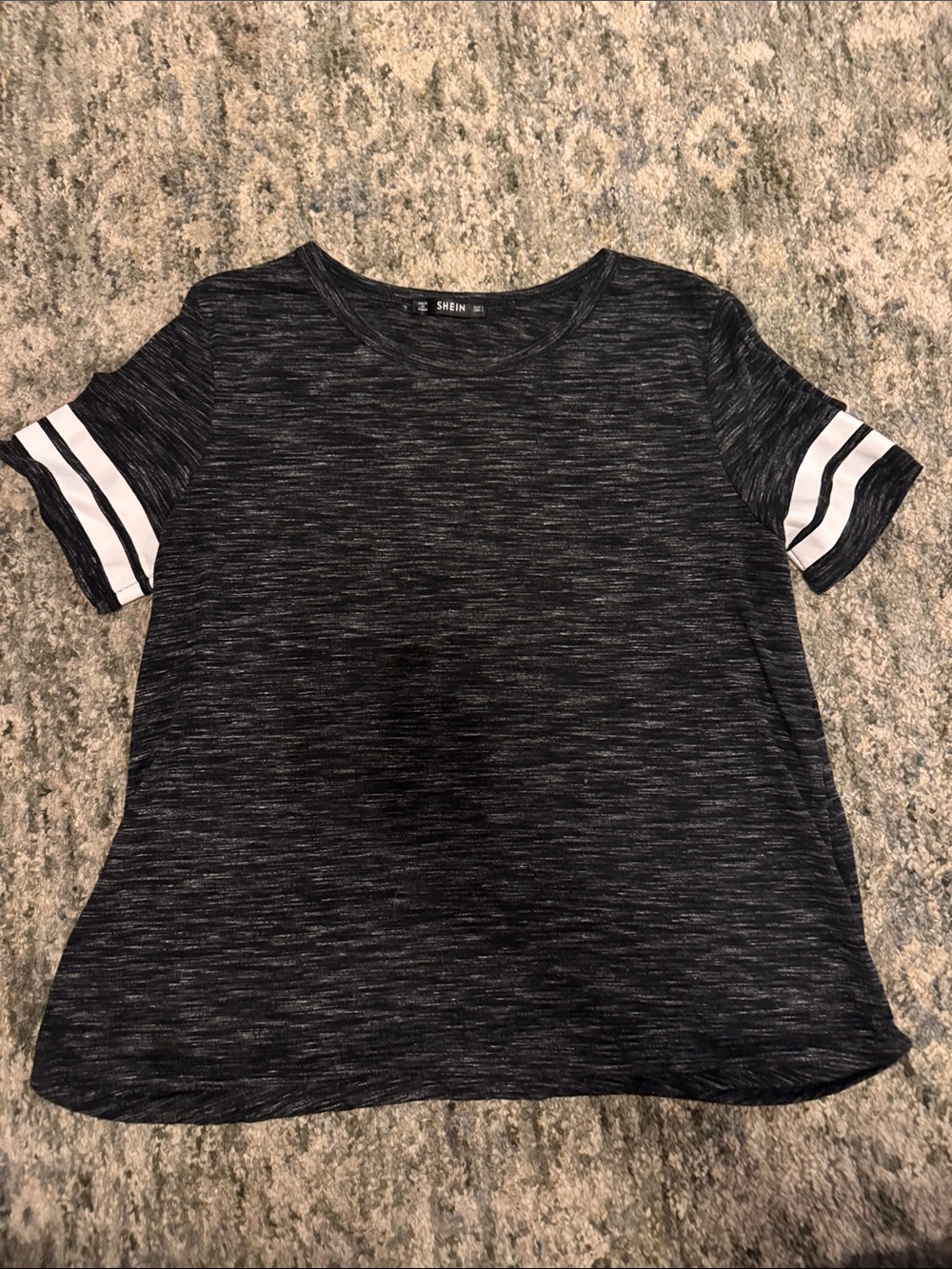 Black Heathered Short Sleeve Tee with White Striped Sleeves